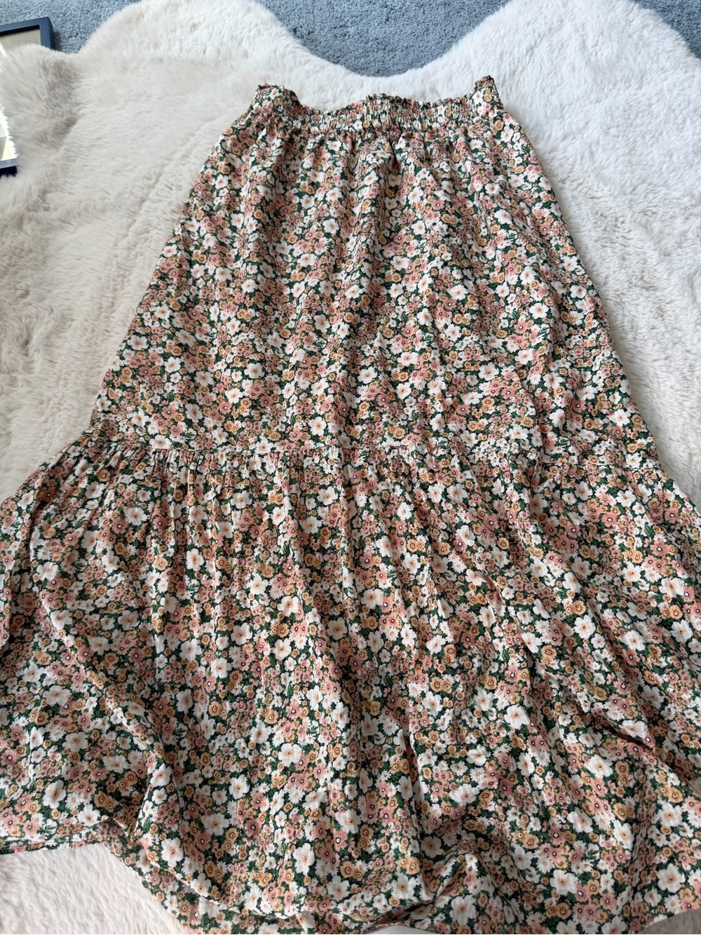 Uniqlo Green Floral Tiered Maxi Skirt with Pink and Cream Flowers